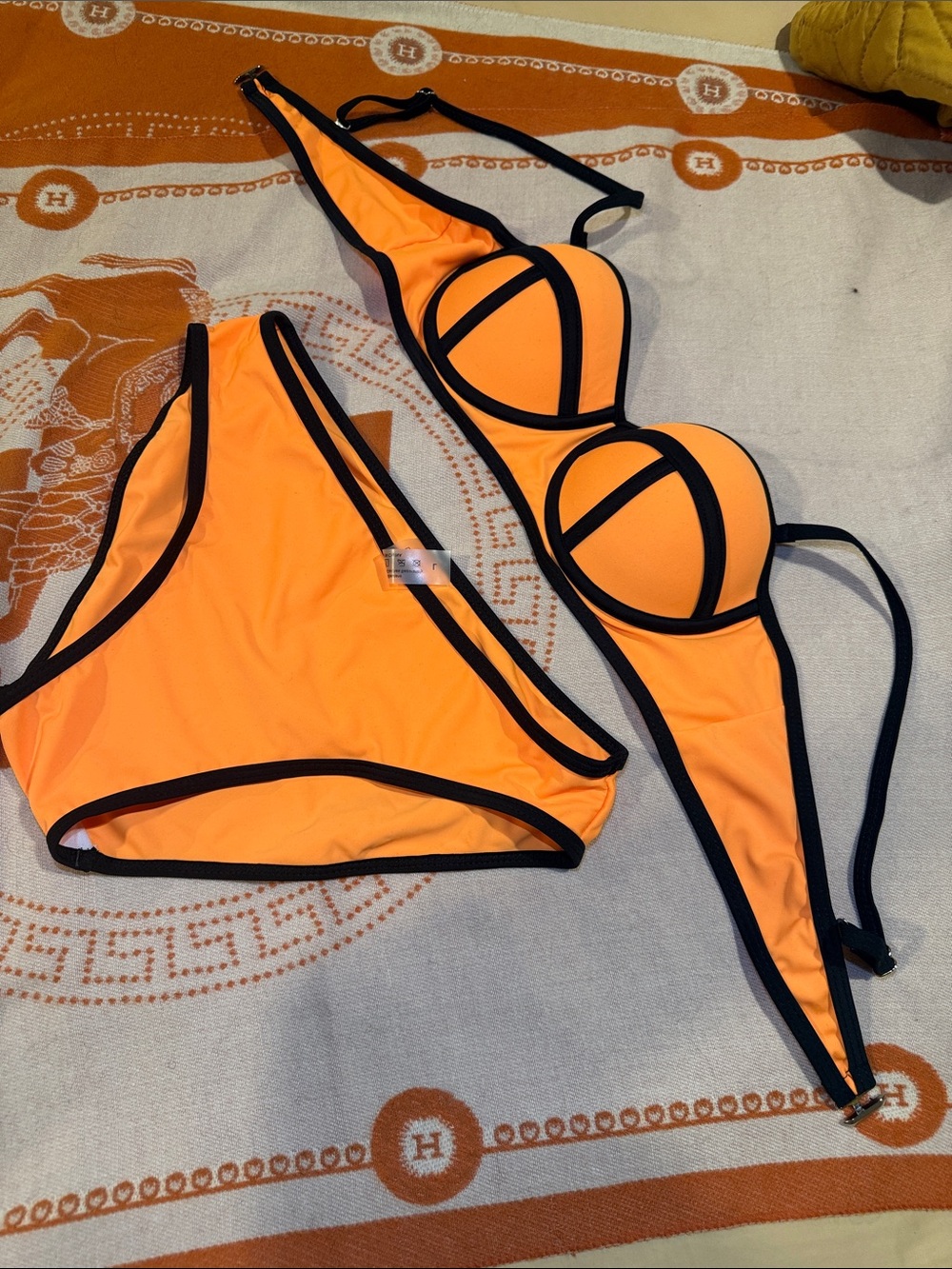 Neon Orange Bikini Set with Black Trim